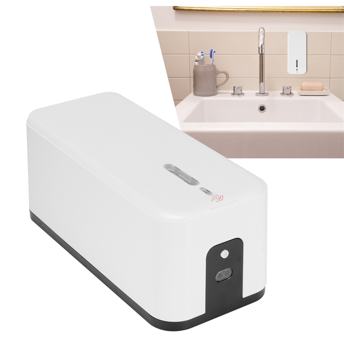 Ein weißer, rechteckiger automatischer Seifenspender mit schwarzem Sensor und Knopf.