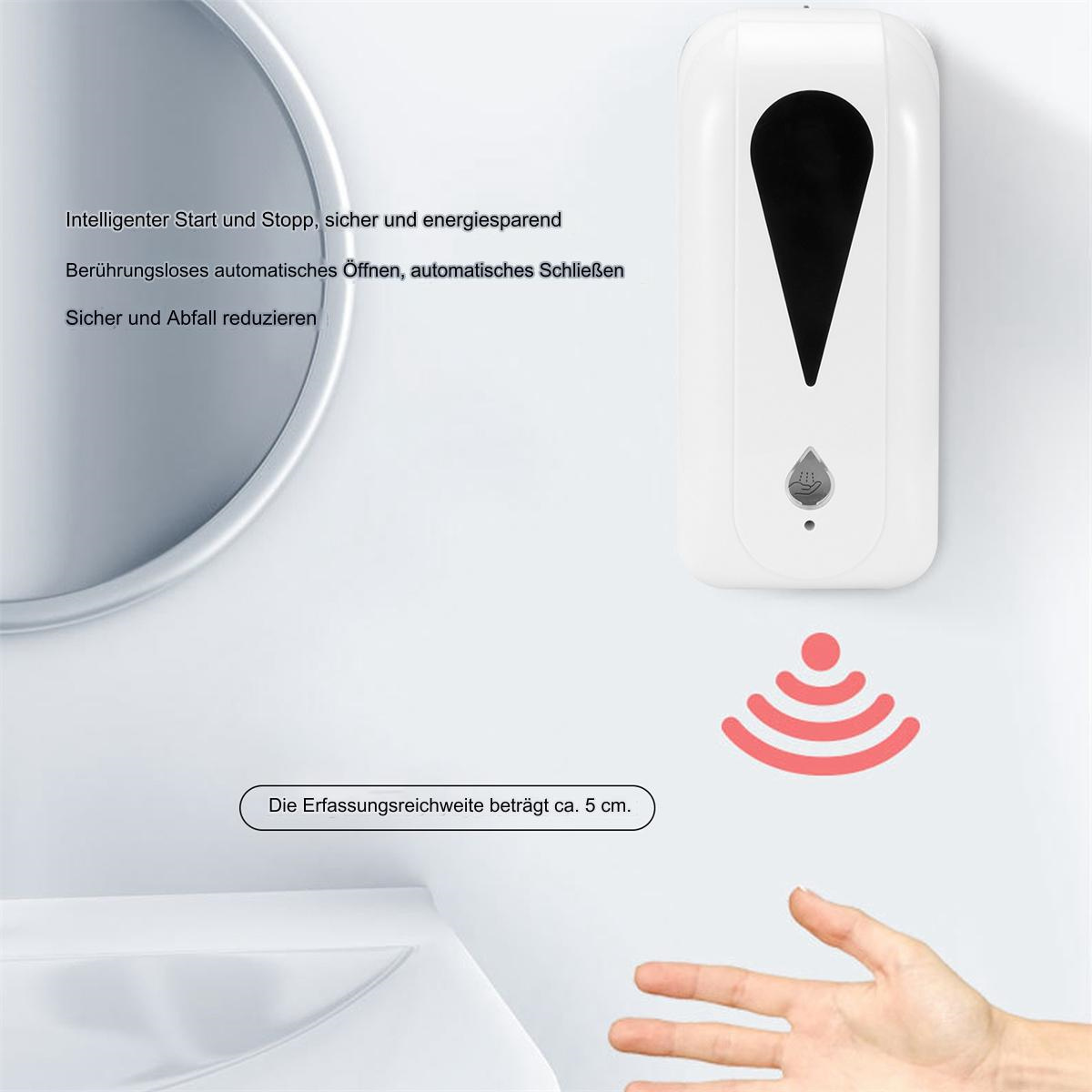 Weißer, an der Wand befestigter Seifenspender mit schwarzem Ausrufezeichen. Eine Hand wird gezeigt, der Sensor ist rot.