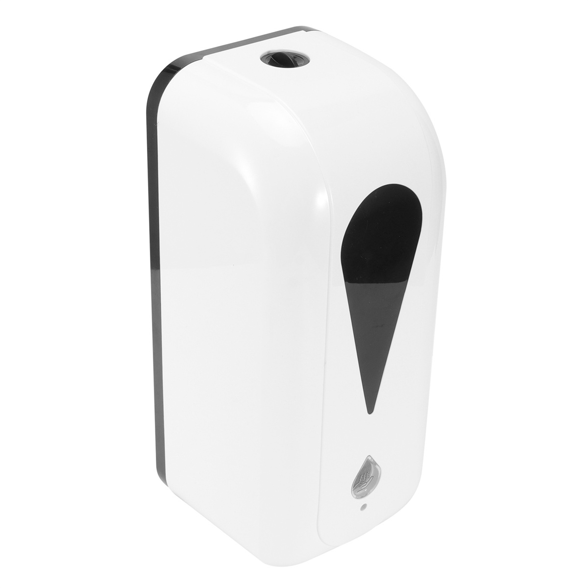 Weißer automatischer Seifenspender mit schwarzen Akzenten. Es hat einen Sensor und ein Logo.