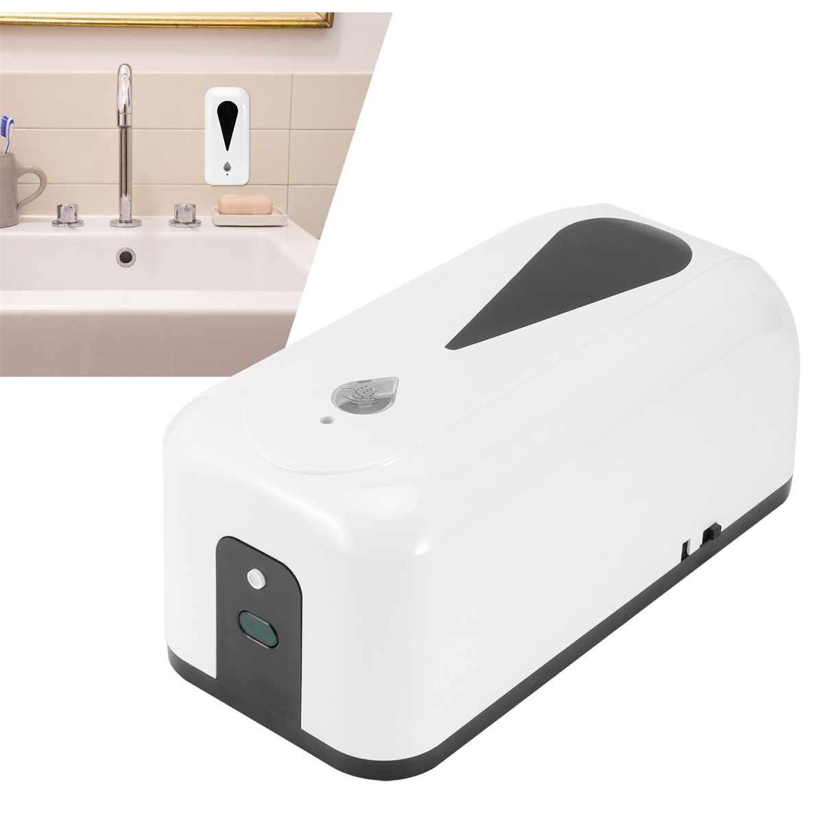 Ein automatischer Seifenspender auf weißem Hintergrund. Ein Waschbecken und eine Zahnbürste sind im Hintergrund.