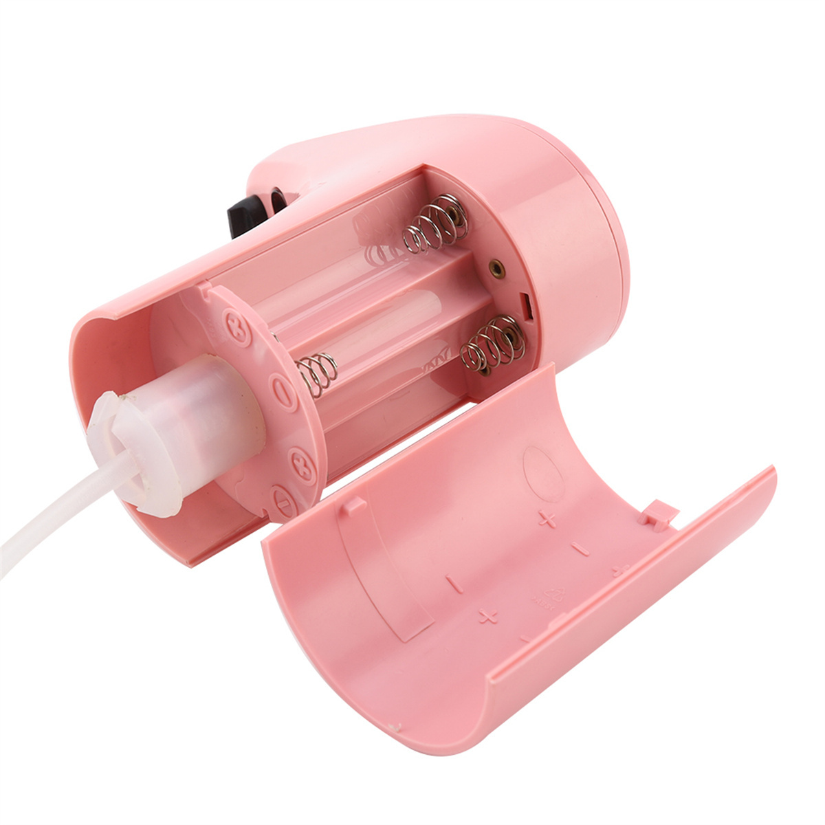 Pinker automatischer Händedesinfektionsmittelspender, geöffnet, um Innenteile zu zeigen.