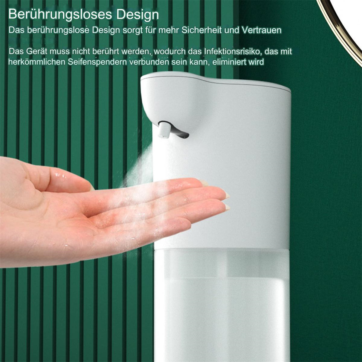 Weißer automatischer Seifenspender, der Seife auf eine Hand sprüht. Erklärungen sind auf Deutsch dargestellt.