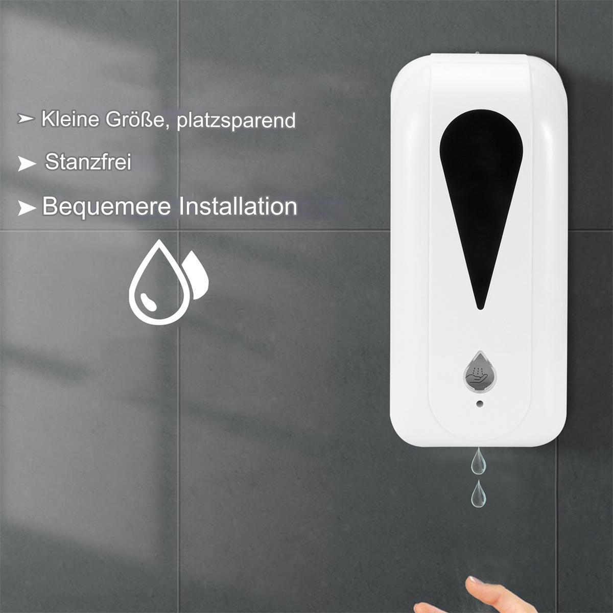 Ein weißer, an der Wand montierter automatischer Seifenspender mit einem Tropfen-Logo und Text auf Deutsch.