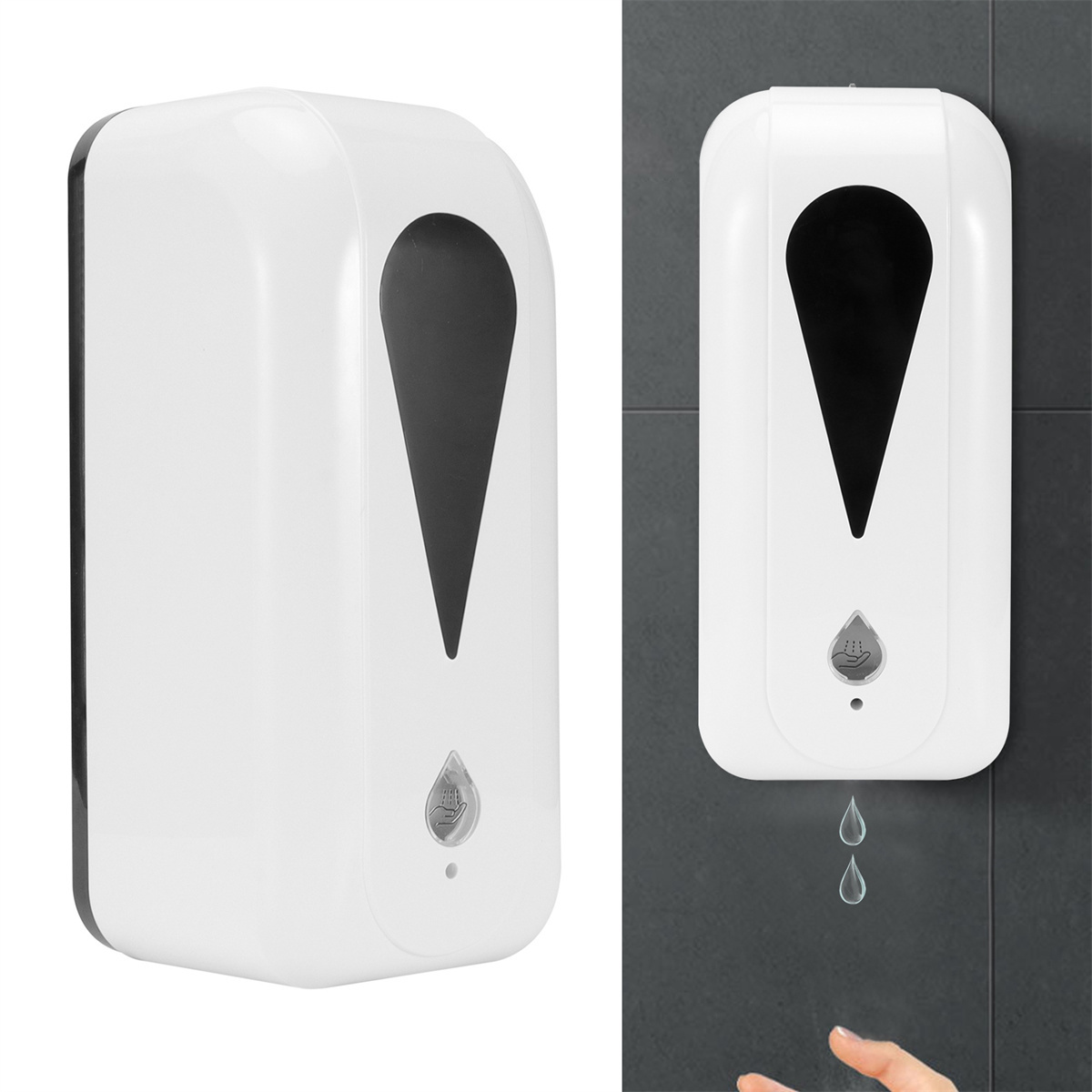 Zwei weiße, rechteckige automatische Händedesinfektionsmittelspender mit schwarzem Oberteil und Hand-Icon.