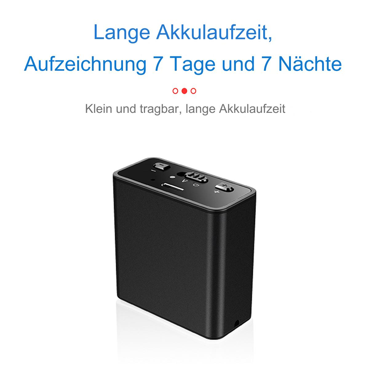 Ein schwarzes tragbares Aufnahmegerät mit deutschem Text. Es hat einen Ein-/Ausschalter und andere Anschlüsse.