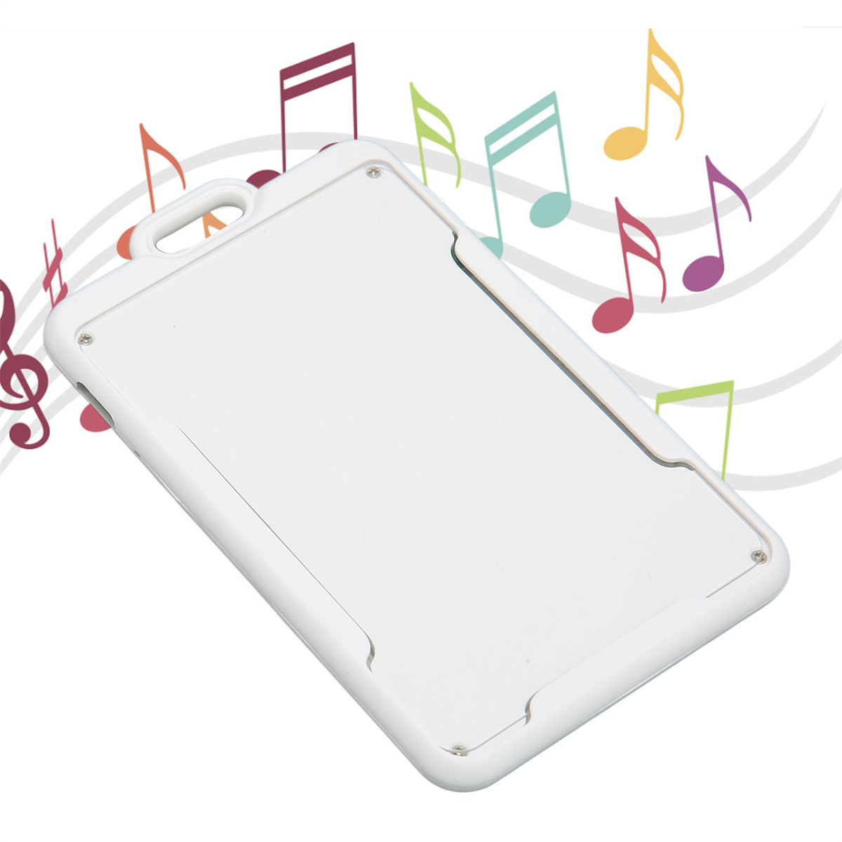 Weißer Musikplayer mit Noten drumherum, auf weißem Hintergrund.