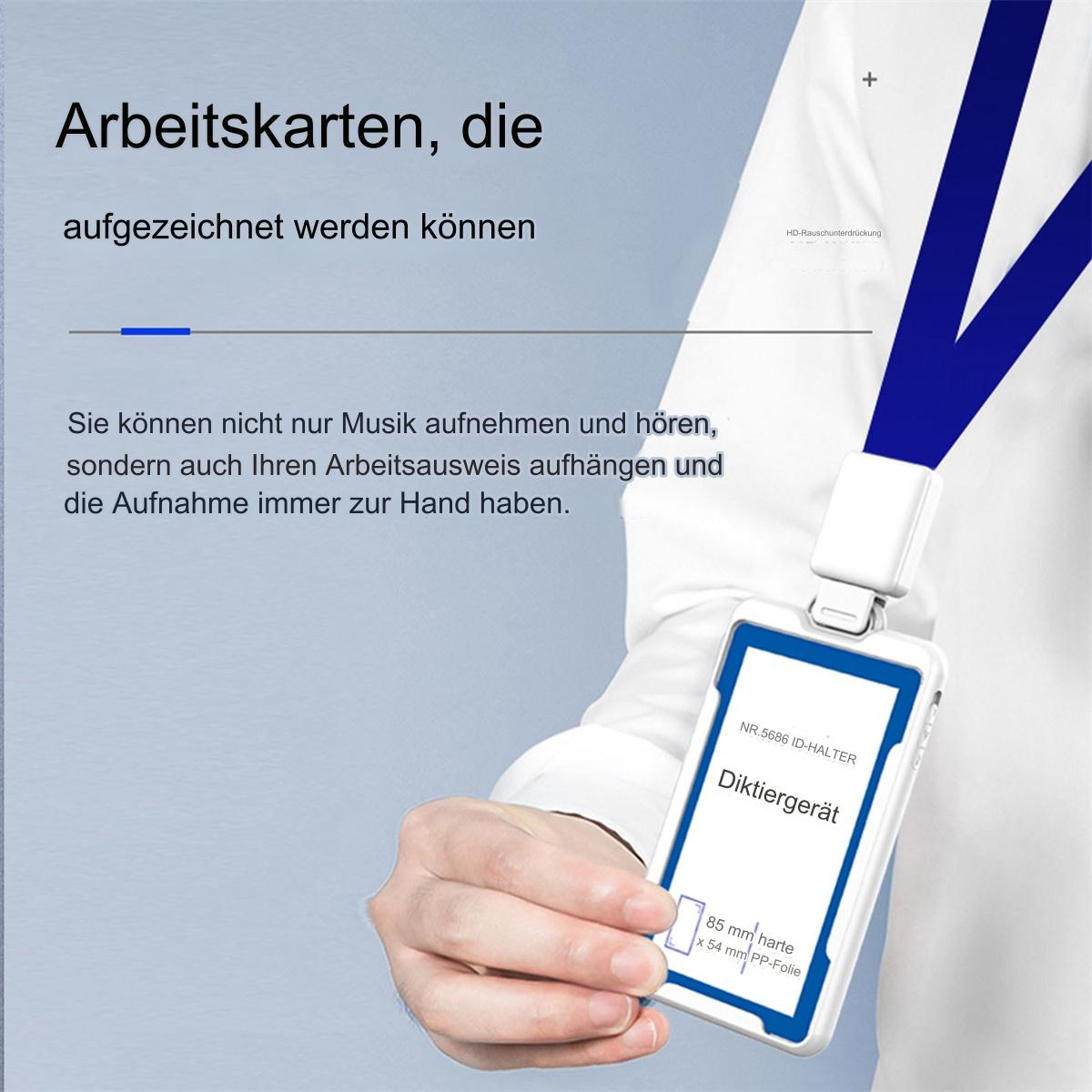 Eine Person hält ein Schlüsselband mit einem Ausweis. Text auf der Karte in Deutsch und Englisch.