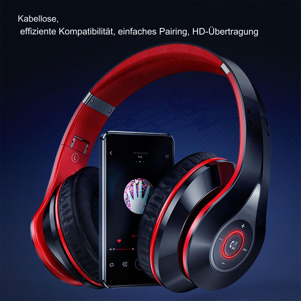 Schwarze und rote Kopfhörer mit Smartphone, das Musik anzeigt. Der Hintergrund ist dunkelblau mit Text.