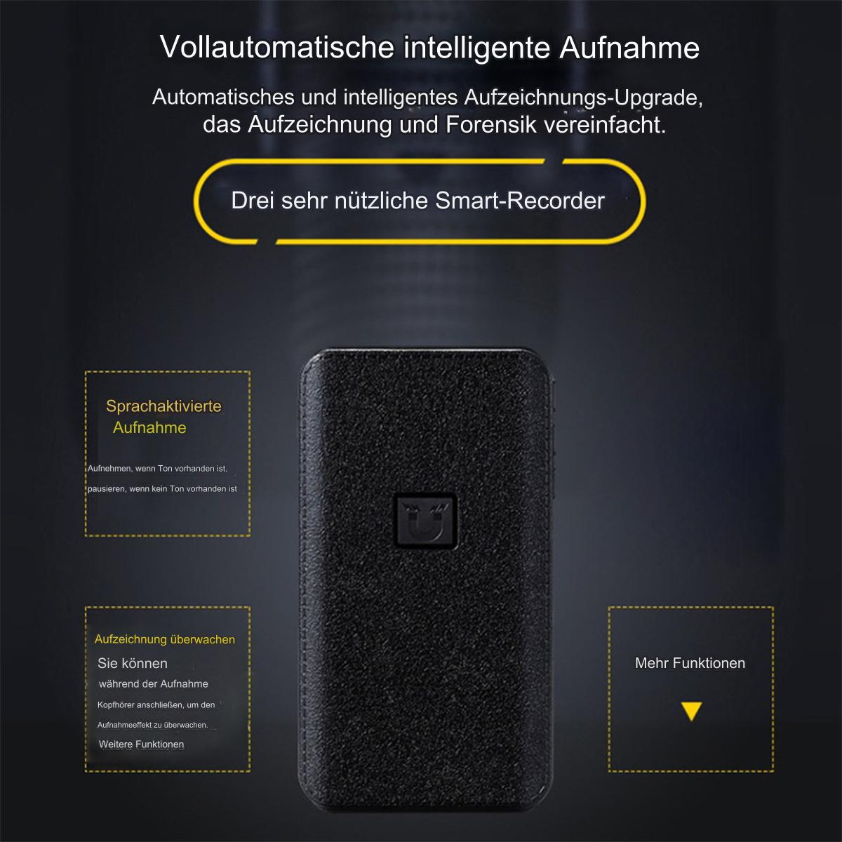 Nahaufnahme eines schwarzen Aufnahmegeräts mit Text und Diagrammen. Erklärungen auf Deutsch.