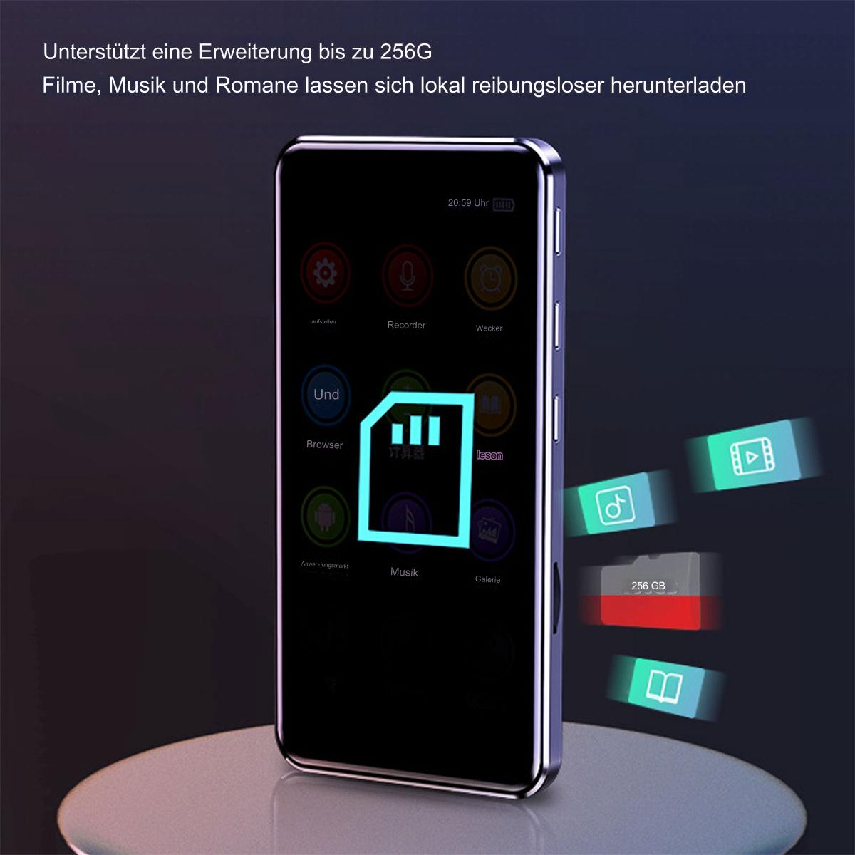 Ein schwarz-blauer Musik-Player mit einem Bildschirm, der ein Menü und ein 256 GB Speicherkarte-Symbol zeigt. Text: 256 GB unterstützt.