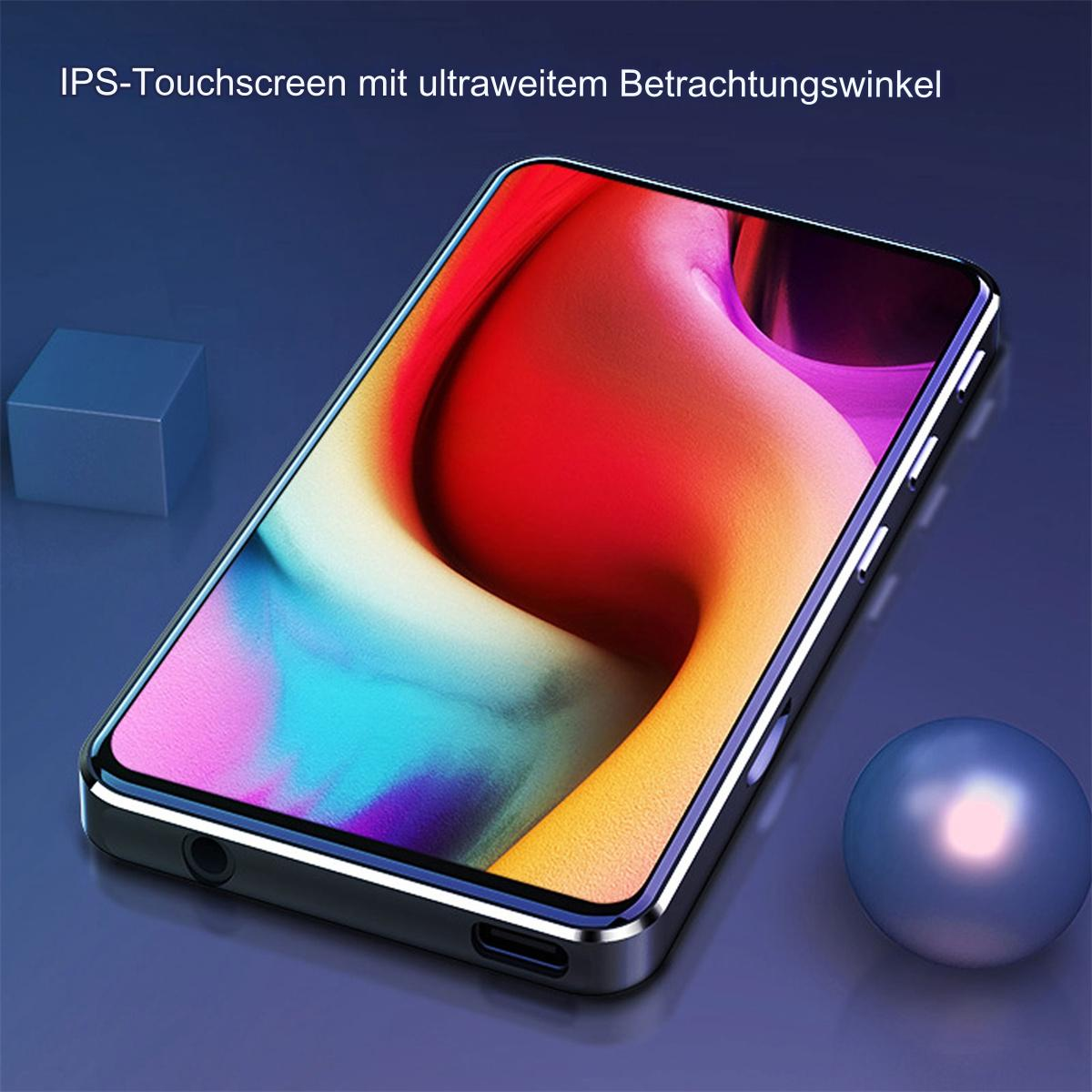 Ein Telefon mit lebendigem Bildschirm, in dunklem Metallrahmen und blauer Kugel.