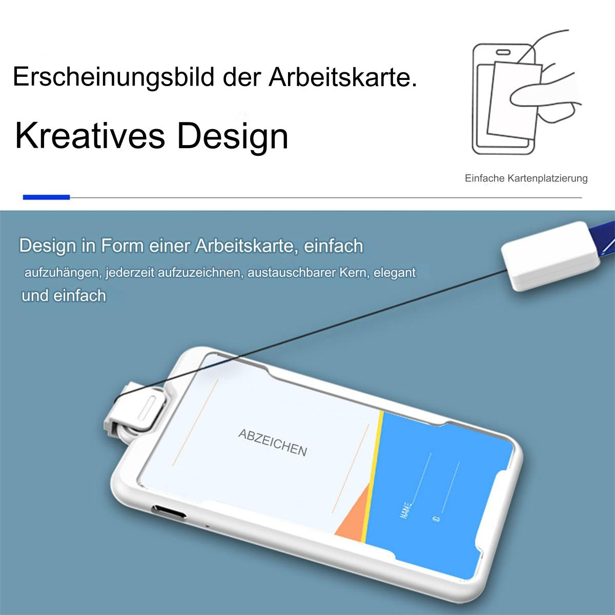 Weißer Ausweishalter mit Lanyard, mit Karte und Details, auf weißem Hintergrund.