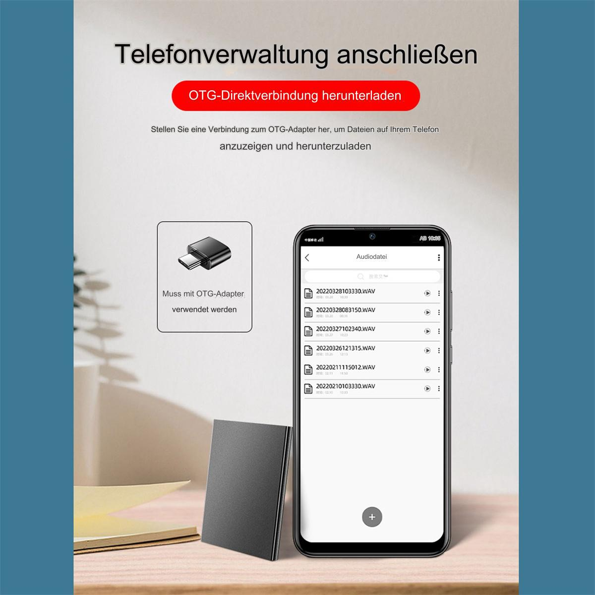 Ein Telefon, das Dateien anzeigt, verbunden mit einem schwarzen OTG-Adapter und einem schwarzen Gerät. Text auf Deutsch ist sichtbar.