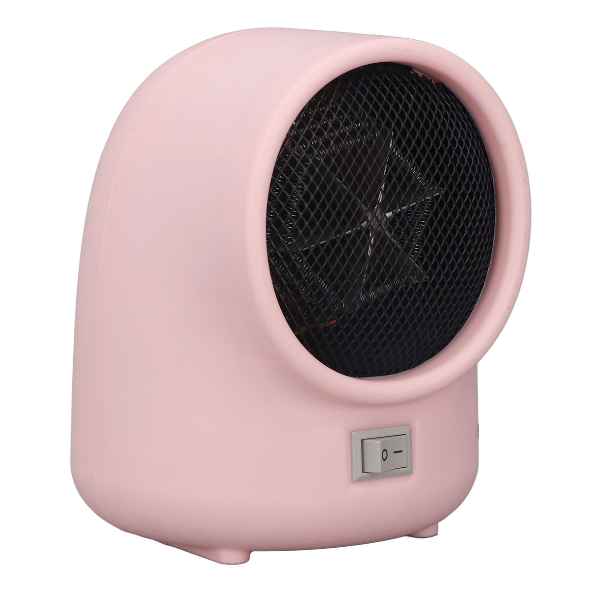Ein rosa Mini-Heizgerät mit schwarzer Netzfront und Schalter.
