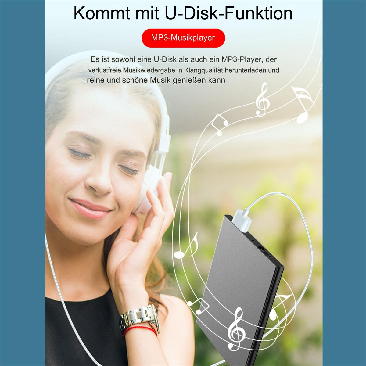 Frau mit Kopfhörern, schwarzem MP3-Player und Noten.