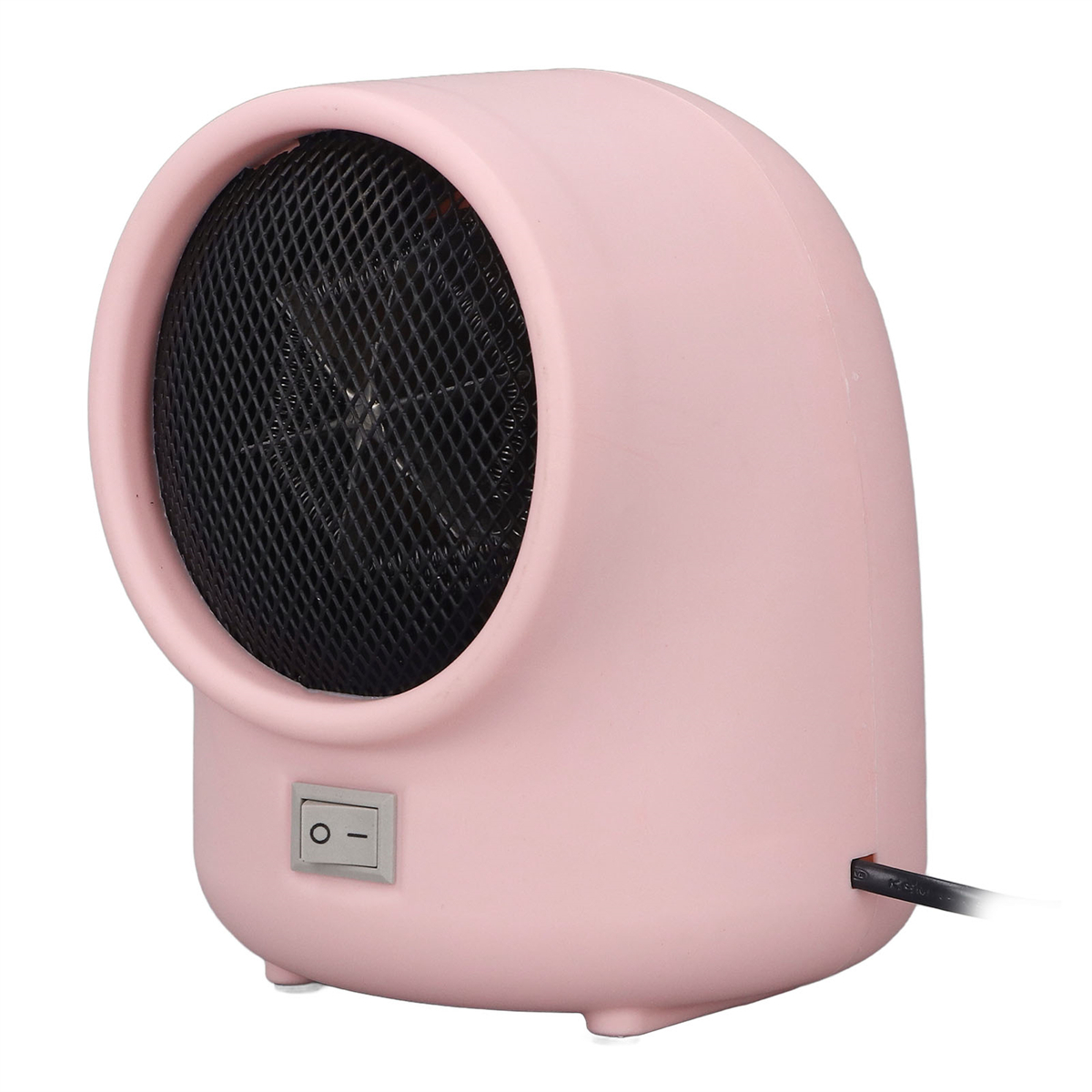Ein rosa elektrischer Heizlüfter mit schwarzem Maschenschutz und einem Ein-/Ausschalter.