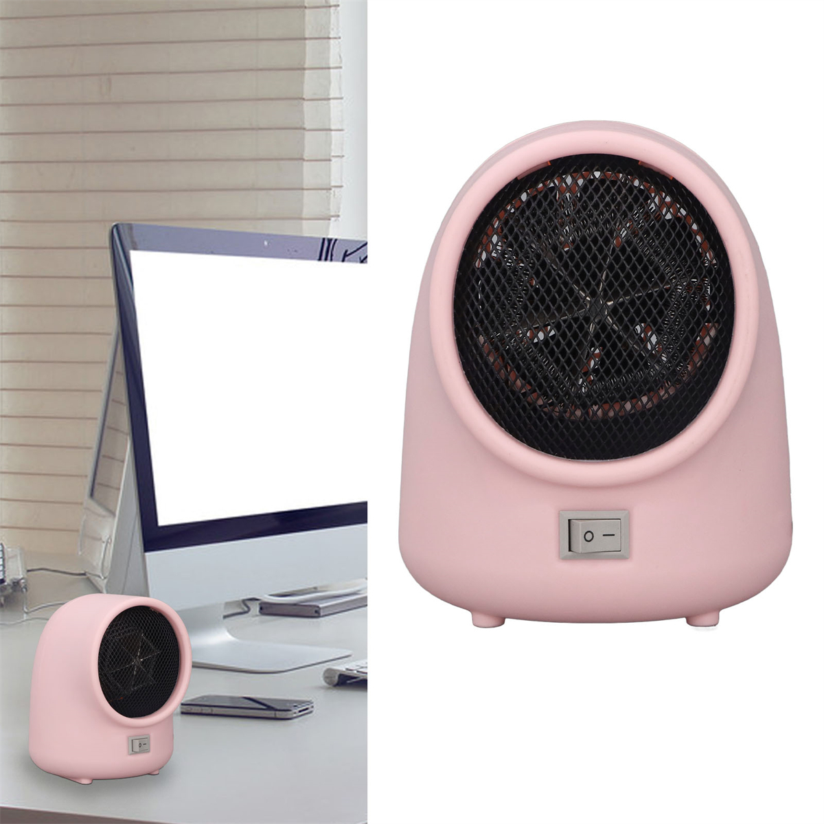 Ein rosa tragbarer Heizlüfter auf einem Schreibtisch.