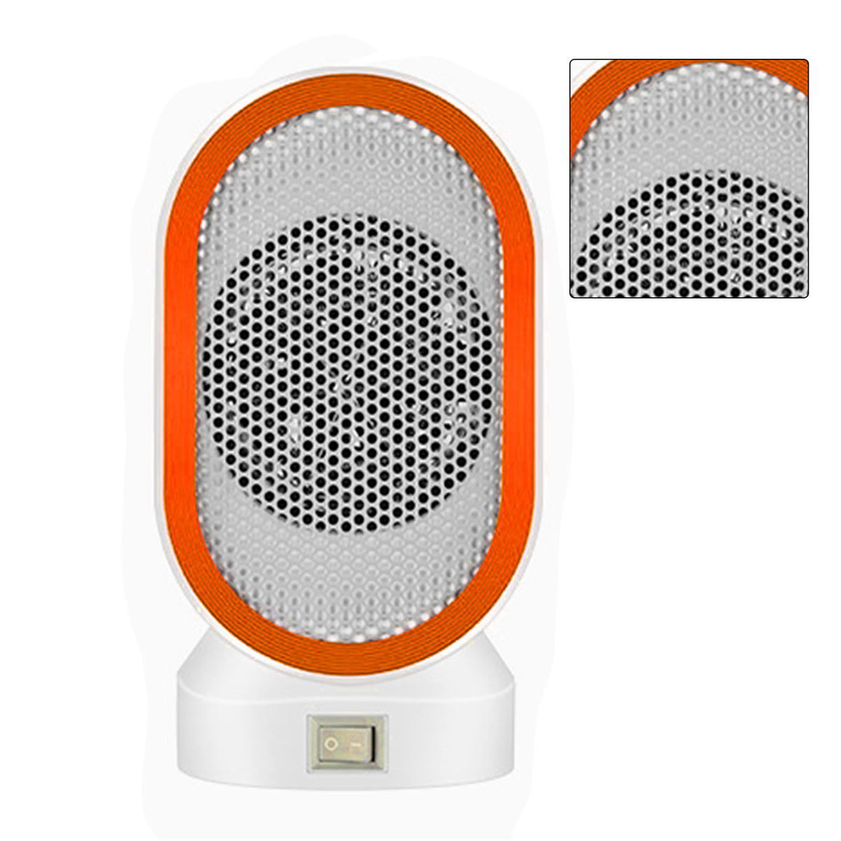 Ovaler weißer Elektroheizer mit orangefarbenem Rand und schwarzem Grill, mit einem Schalter an der Unterseite.