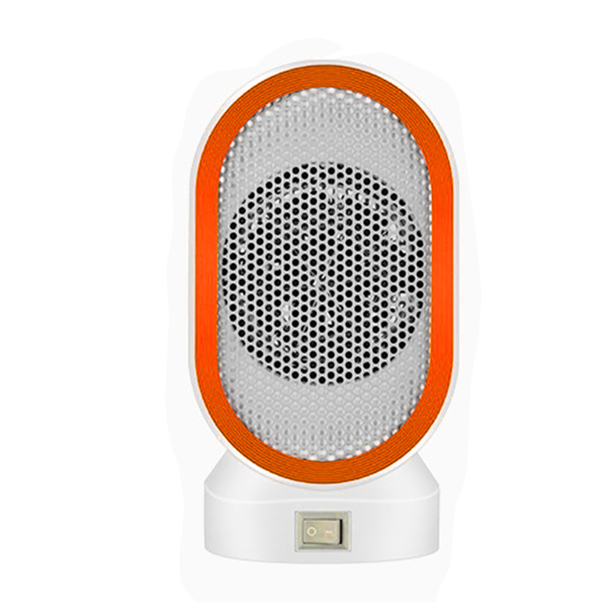 Kleiner weißer Elektroheizer mit orangefarbener Zierleiste und Netzschalter auf weißer Fläche.
