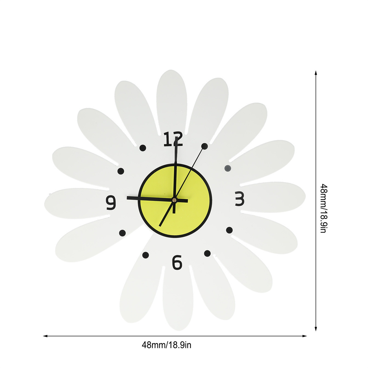 Eine weiße Gänseblümchen-Uhr zeigt 9:15 Uhr. Schwarze Punkte markieren die Stunden. Der Hintergrund ist weiß.