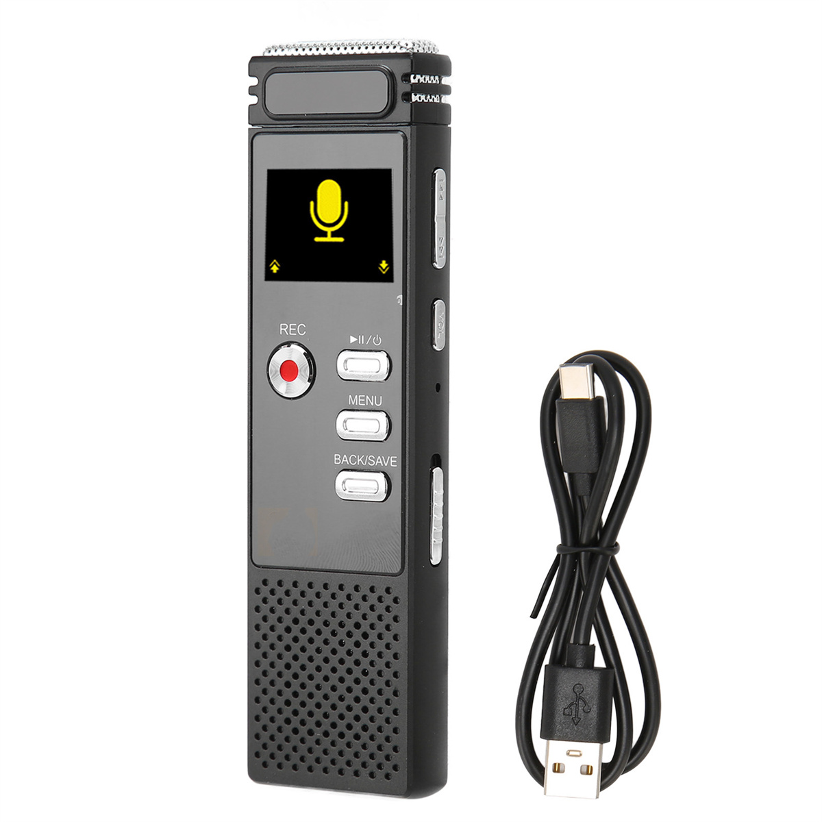Digitales Diktiergerät mit Bildschirm. Enthält ein USB-Kabel.