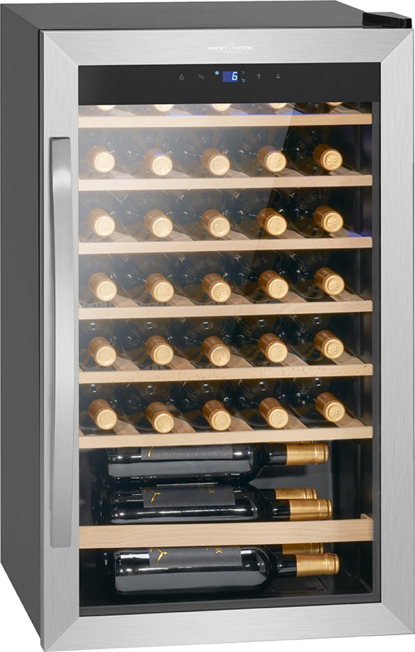 Chłodziarka do wina z wieloma butelkami wina na półkach, srebrną ramą i szklanymi drzwiami.