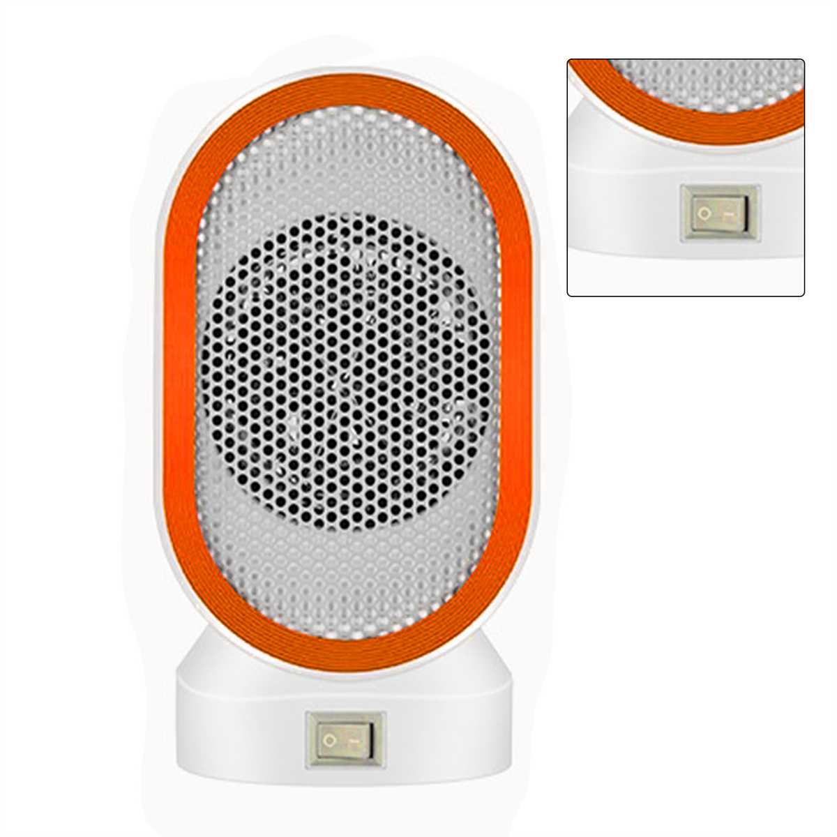 Ein weißer und orangefarbener elektrischer Heizlüfter mit Ein-/Ausschalter.
