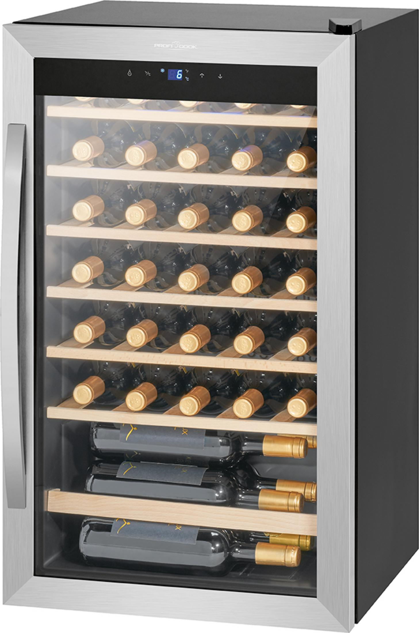 Chłodziarka do wina z kilkoma butelkami wina widocznymi przez szklane drzwi.