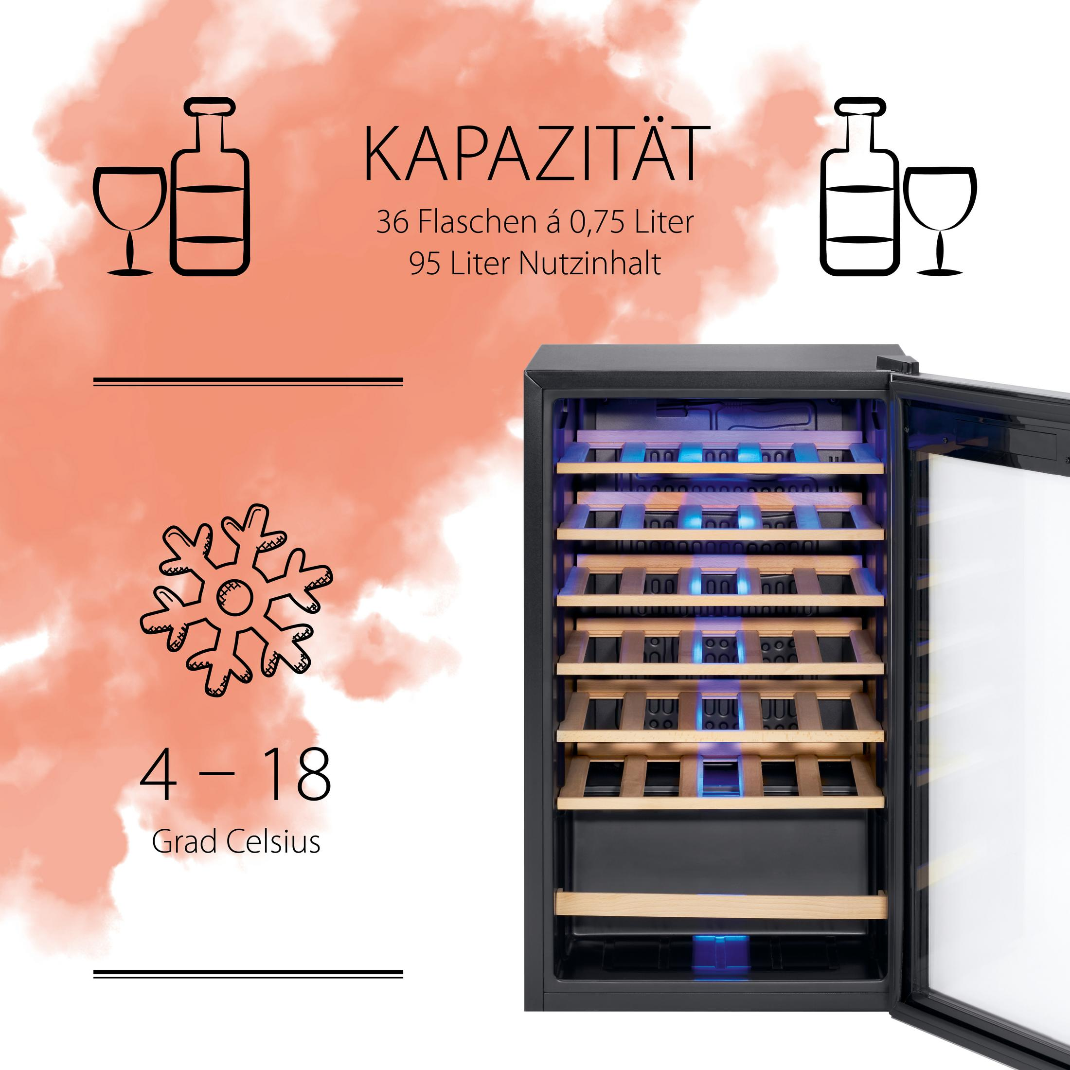 Chłodziarka do wina z tekstem i ilustracjami. Chłodziarka ma niebieskie światła w środku i półki.