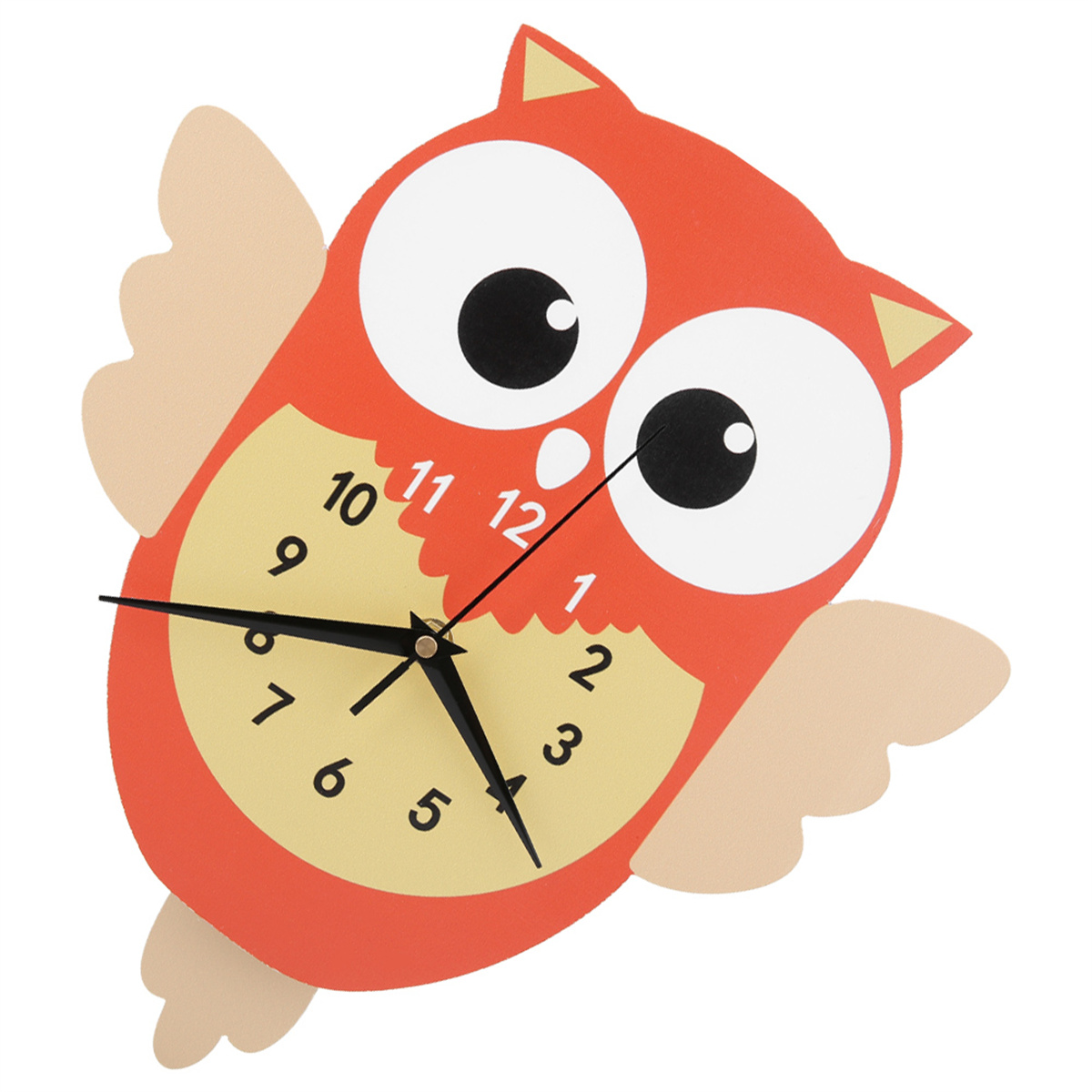Eulen-förmige Uhr. Oranger Körper, beige Flügel, schwarze Augen und Zeiger. Zahlen um die Uhr.