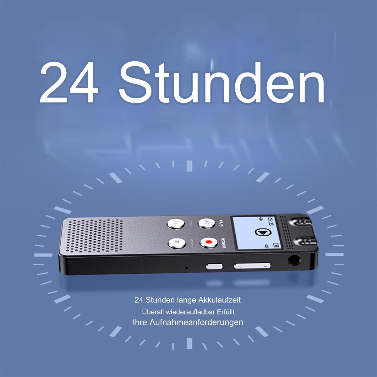 Schwarzer Audio-Recorder mit Display und Knöpfen auf blauem Hintergrund.