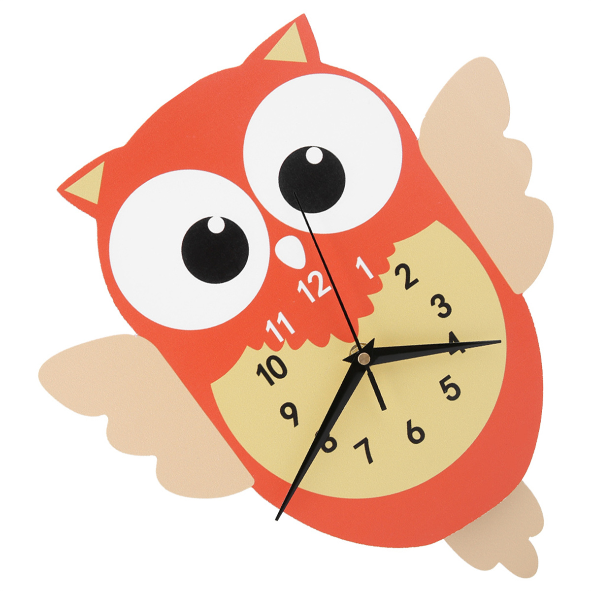 Eulen-Uhr mit orangefarbenem Körper, weißen Augen und beigefarbenen Flügeln. Schwarze Zeiger.