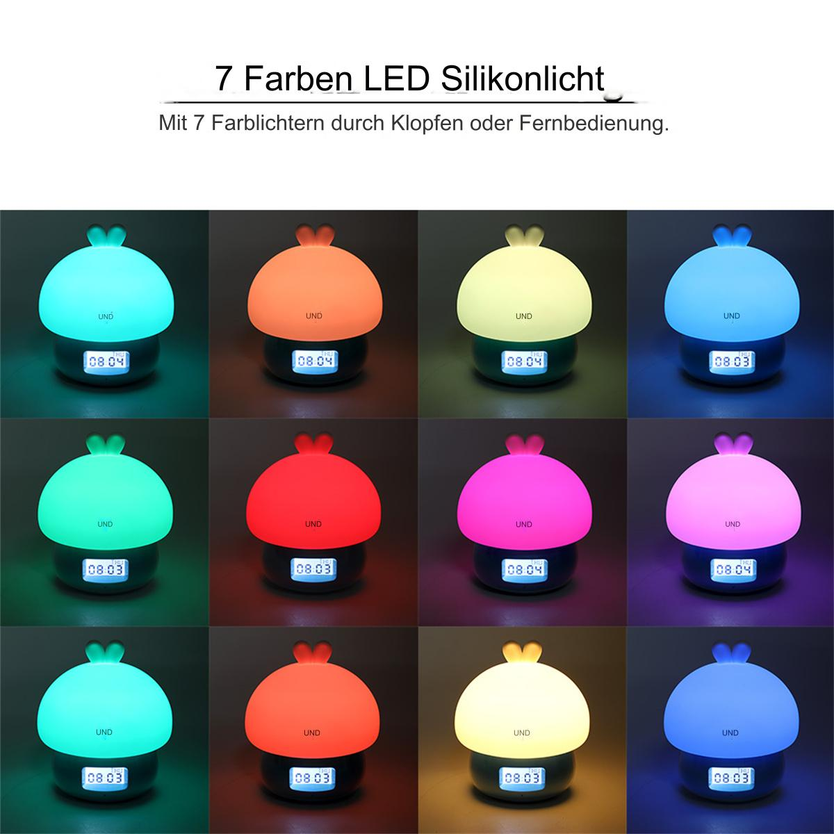 Mehrfarbige Nachtlichter. Jedes Licht zeigt eine Digitalanzeige und die Farbe.