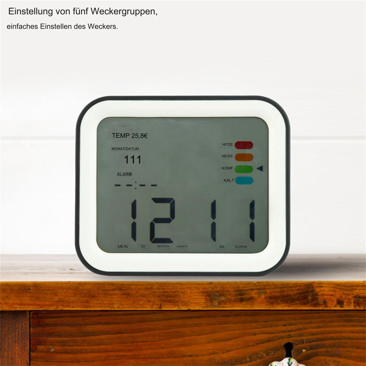 Digitaler Wecker auf Holzoberfläche. Zeigt Zeit und Temperatur an.