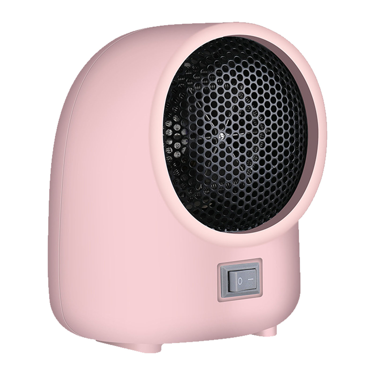 Pinkfarbener Elektroheizer mit Grill und Schalter. Es hat ein geschwungenes Design.