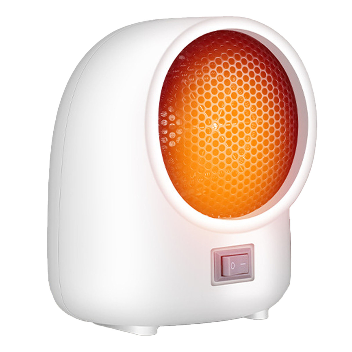 Weißer Elektroheizer mit orangefarbenem Heizelement. Ein Netzschalter ist sichtbar.
