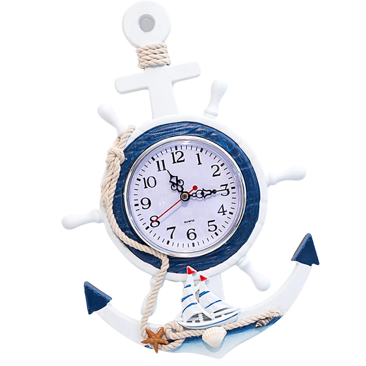 Eine Wanduhr im nautischen Stil in Form eines Ankers. Sie hat ein weißes und blaues Farbschema.
