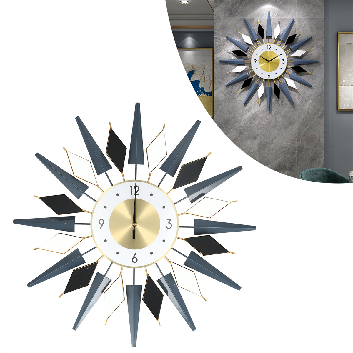 Eine moderne Wanduhr mit Sternenmuster und eine kleinere Uhr im Hintergrund.
