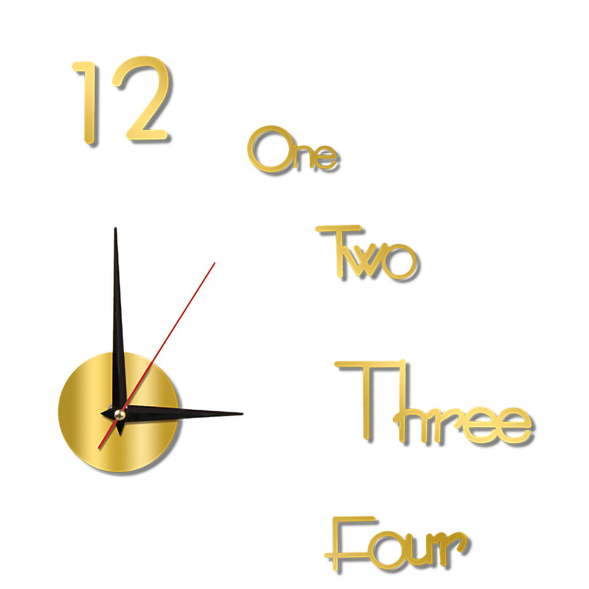 Goldene Wanduhr mit den Zahlen 12, Eins, Zwei, Drei, Vier und Uhrzeigern. Weißer Hintergrund.