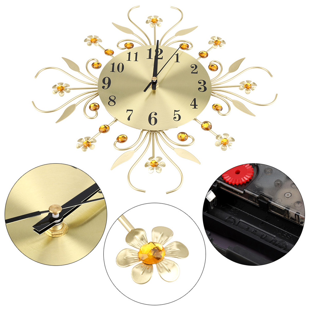 Eine goldene Wanduhr mit floralen Akzenten und detaillierten Ansichten von Uhrteilen.
