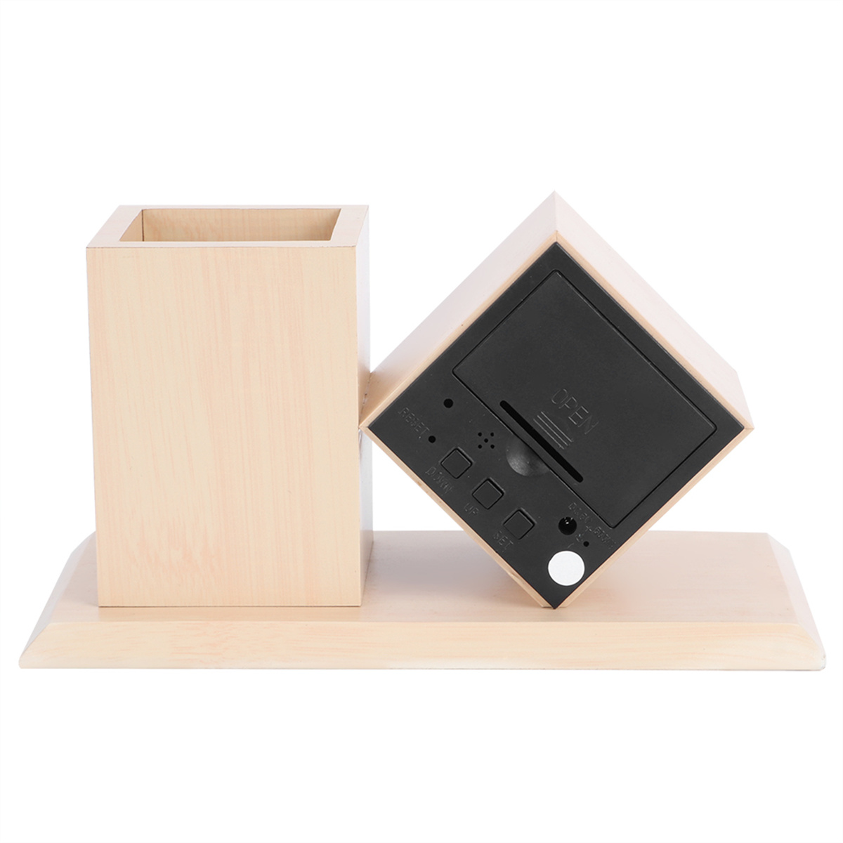 Schreibtisch-Organizer aus Holz mit Würfeluhr und Stifthalter auf hellem Holzsockel.
