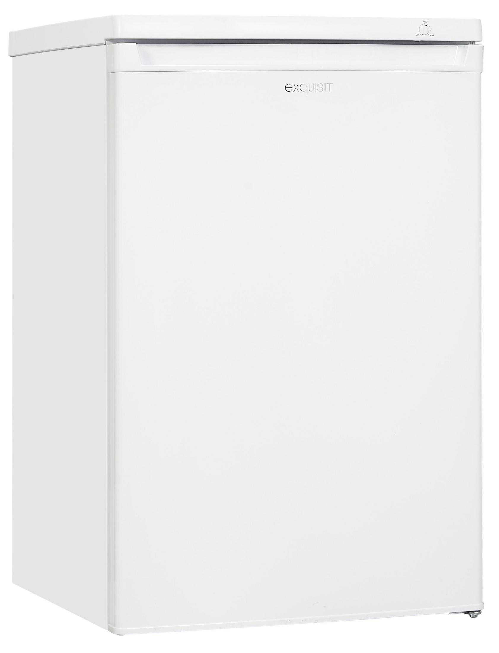 Weißer Kühlschrank mit minimalistischem Design, steht vor weißem Hintergrund.