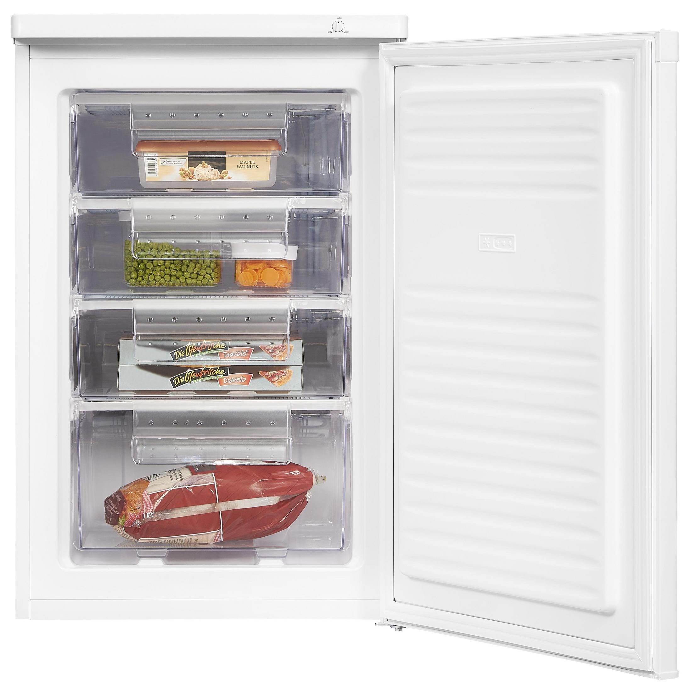Ein weißer Kühlschrank mit offener Tür, in der Schubladen mit Lebensmitteln zu sehen sind.