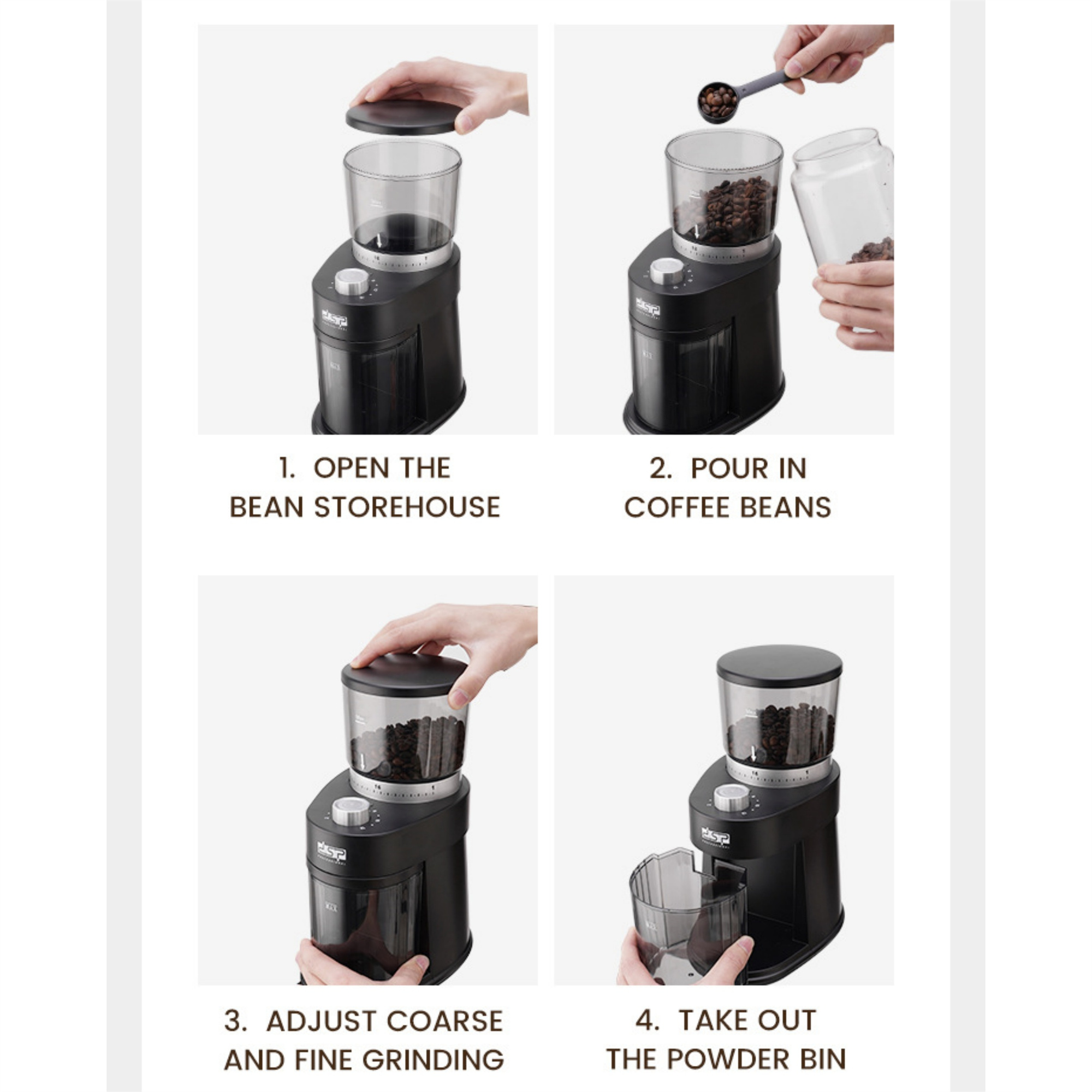 Vier-Schritte-Anleitung zur Verwendung einer Kaffeemühle. Zeigt Öffnen, Bohnen einfüllen, Einstellen und Entfernen.