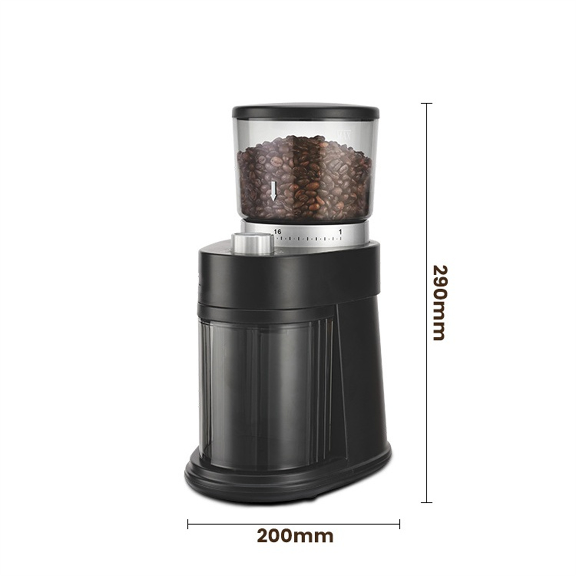 Schwarze Kaffeemühle mit Bohnen. Maße 200mm x 290mm. Transparenter Bohnenbehälter.