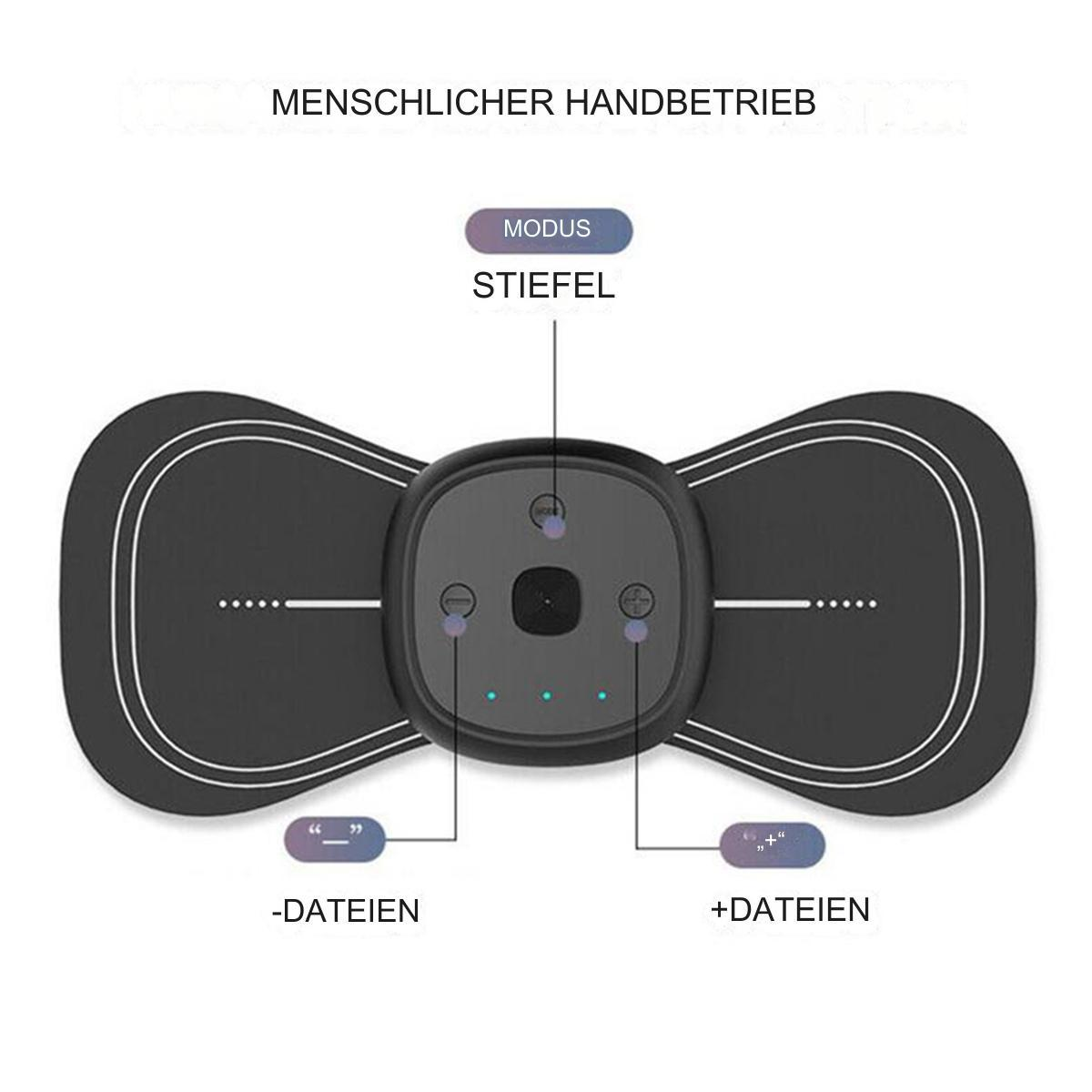 Ein schwarzes Gerät mit Knöpfen und zwei schmetterlingsförmigen Pads, mit Text und Symbolen.