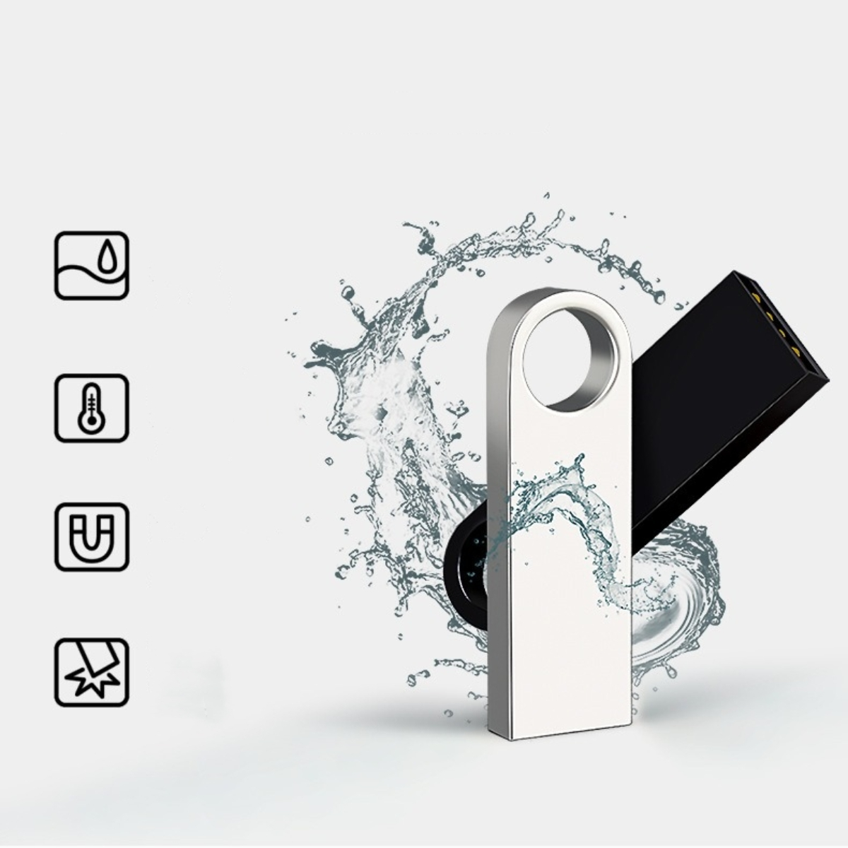 Silberner USB-Stick mit Symbolen für Wasser, Hitze, Magnet und Bruch.