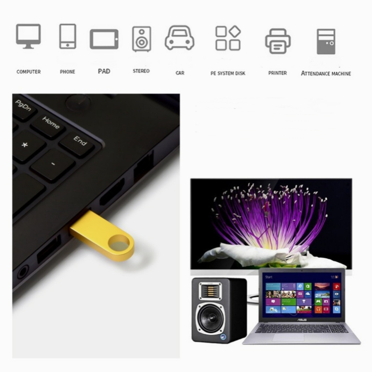 Laptop mit gelbem USB-Stick, darüber Symbole für andere technische Geräte.