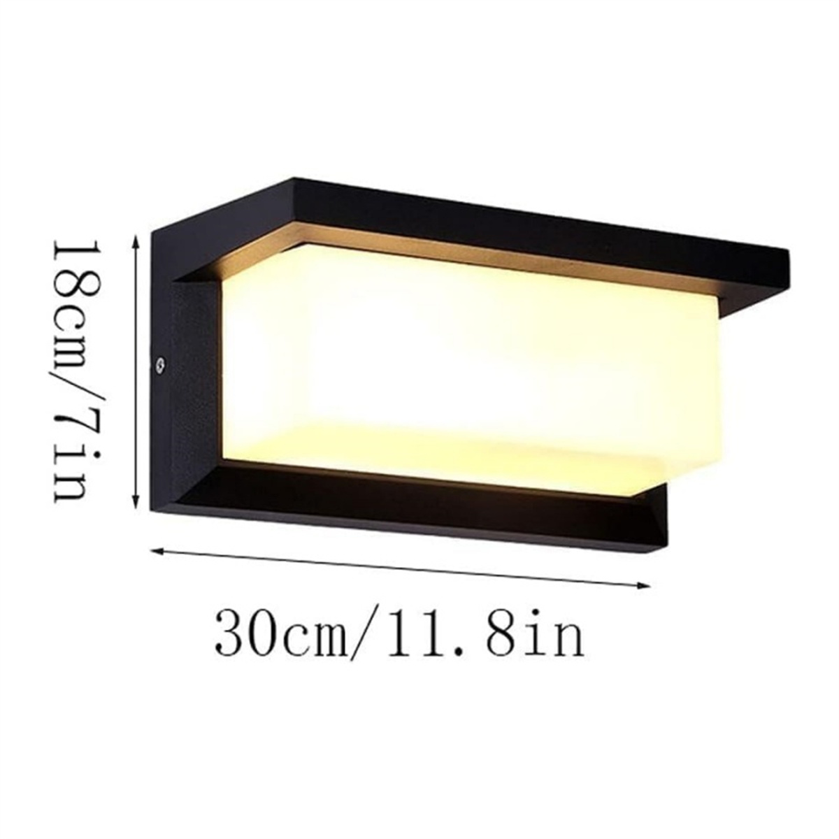 Schwarze rechteckige Außenlampe. Weißes Licht emittiert. Abmessungen: 30 cm x 18 cm.