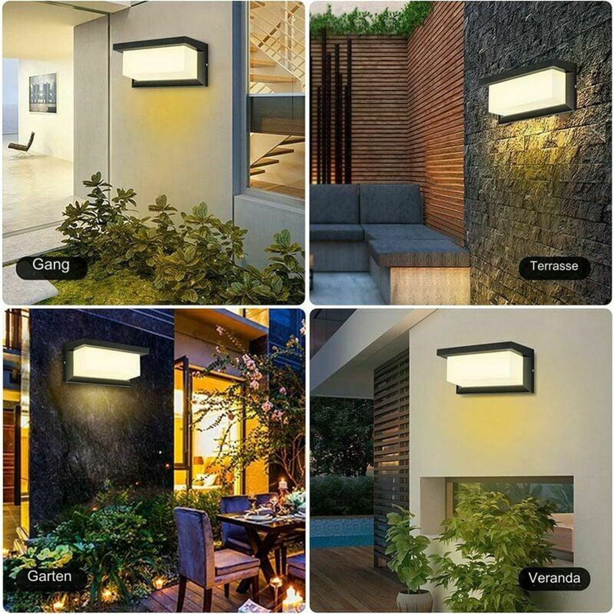 Vier Bilder von Außenwandleuchten. Jedes zeigt eine andere Umgebung: Gang, Terrasse, Garten, Veranda.